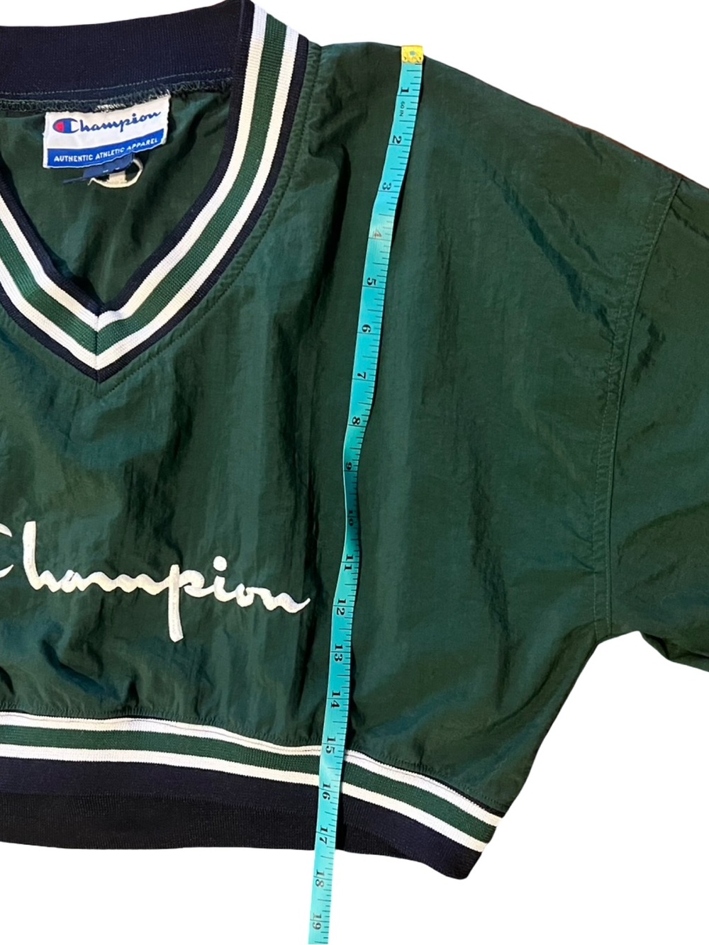 Vintage Champion Dark Green Cropped V-Neck Nylon Windbreaker White and Navy Trim - Picture 7 of 9